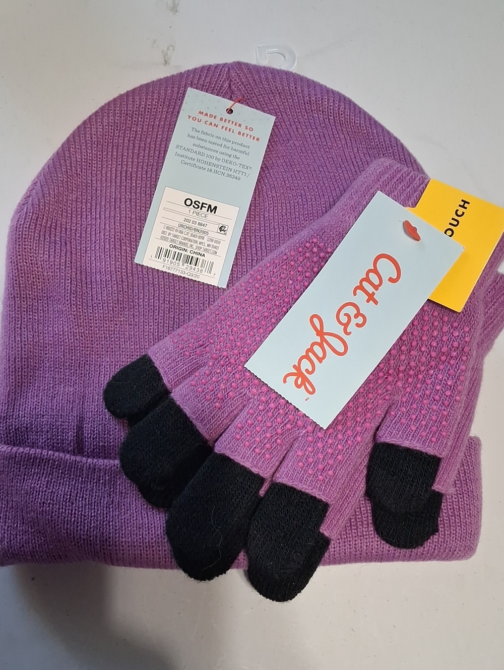 Cat & Jack Purple Beanie and Pink-Purple Gloves with Black Touch Tips